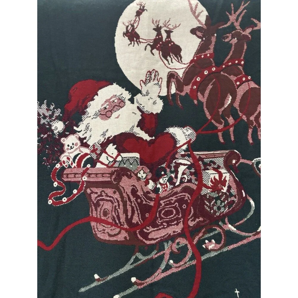 Vintage 90s Christmas Woven Tapestry Throw Blanket Santa Sleigh Reindeer 48x66